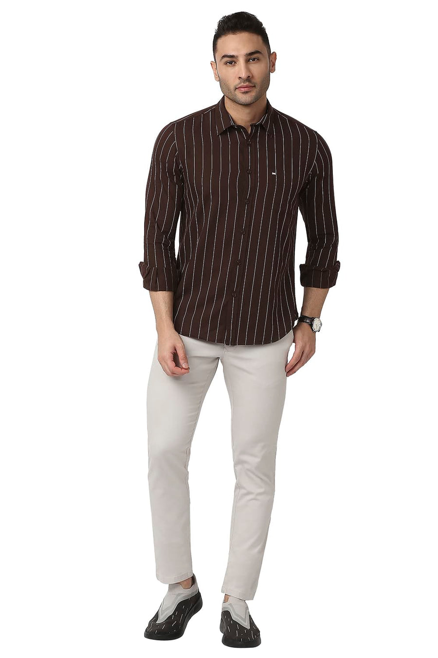 BASICS SLIM FIT GANACHE BROWN COTTON TWILL STRIPE SHIRT