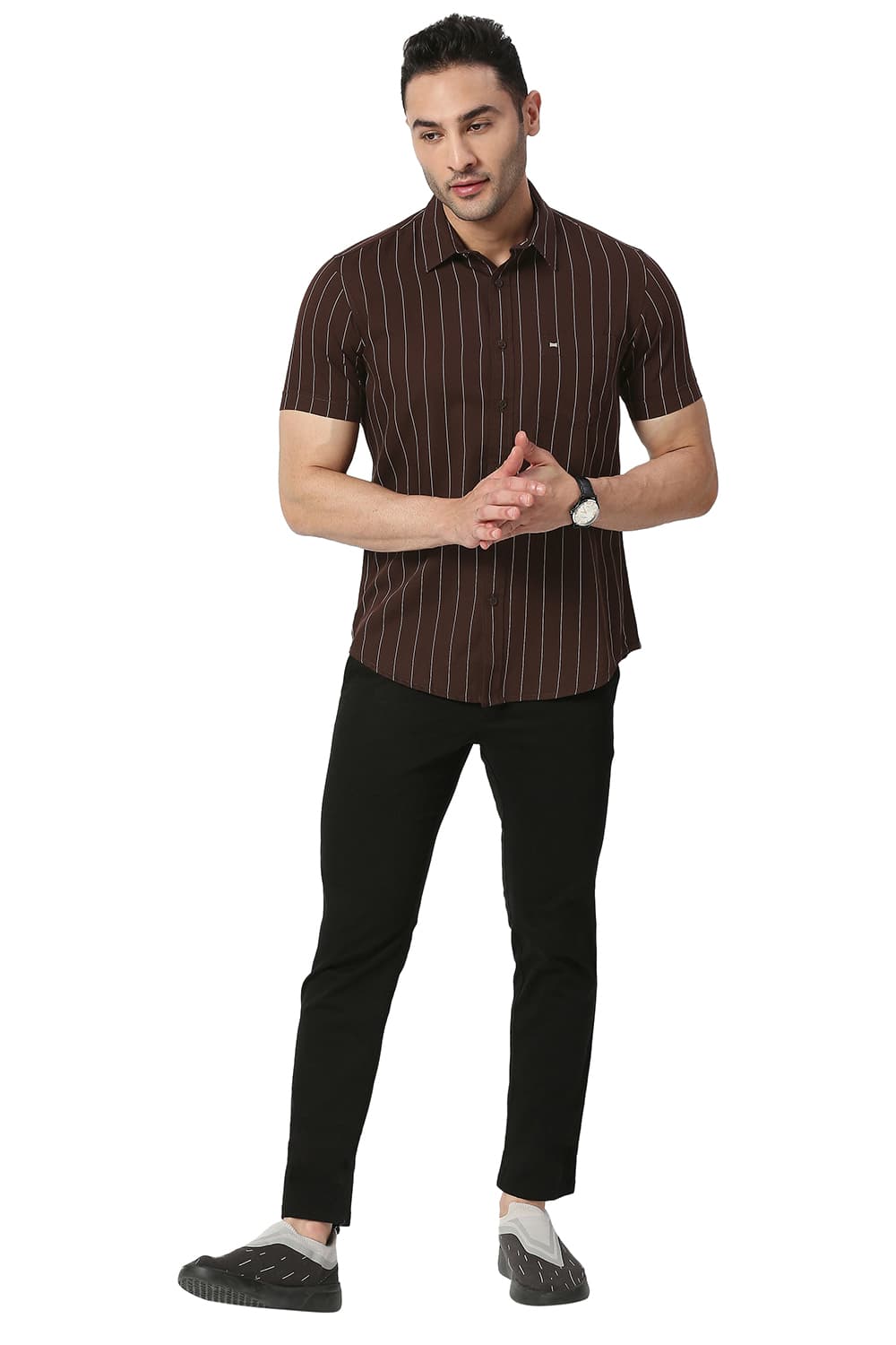 BASICS SLIM FIT COTTON TWILL STRIPE HALFSLEEVES SHIRT