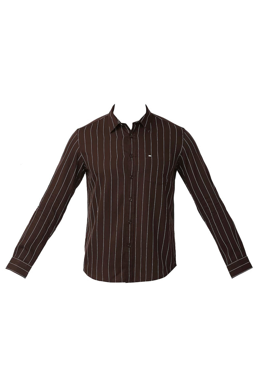BASICS SLIM FIT GANACHE BROWN COTTON TWILL STRIPE SHIRT