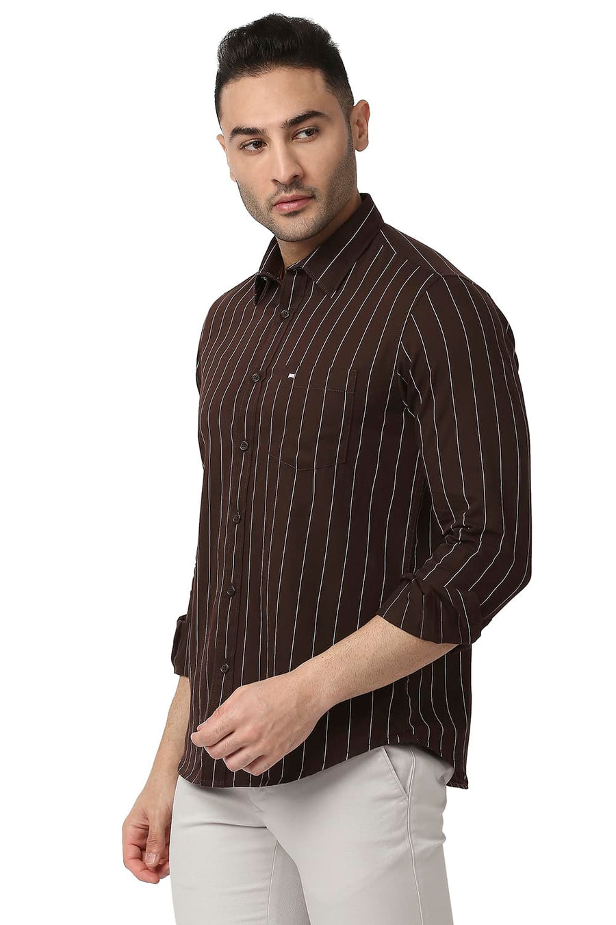 BASICS SLIM FIT GANACHE BROWN COTTON TWILL STRIPE SHIRT