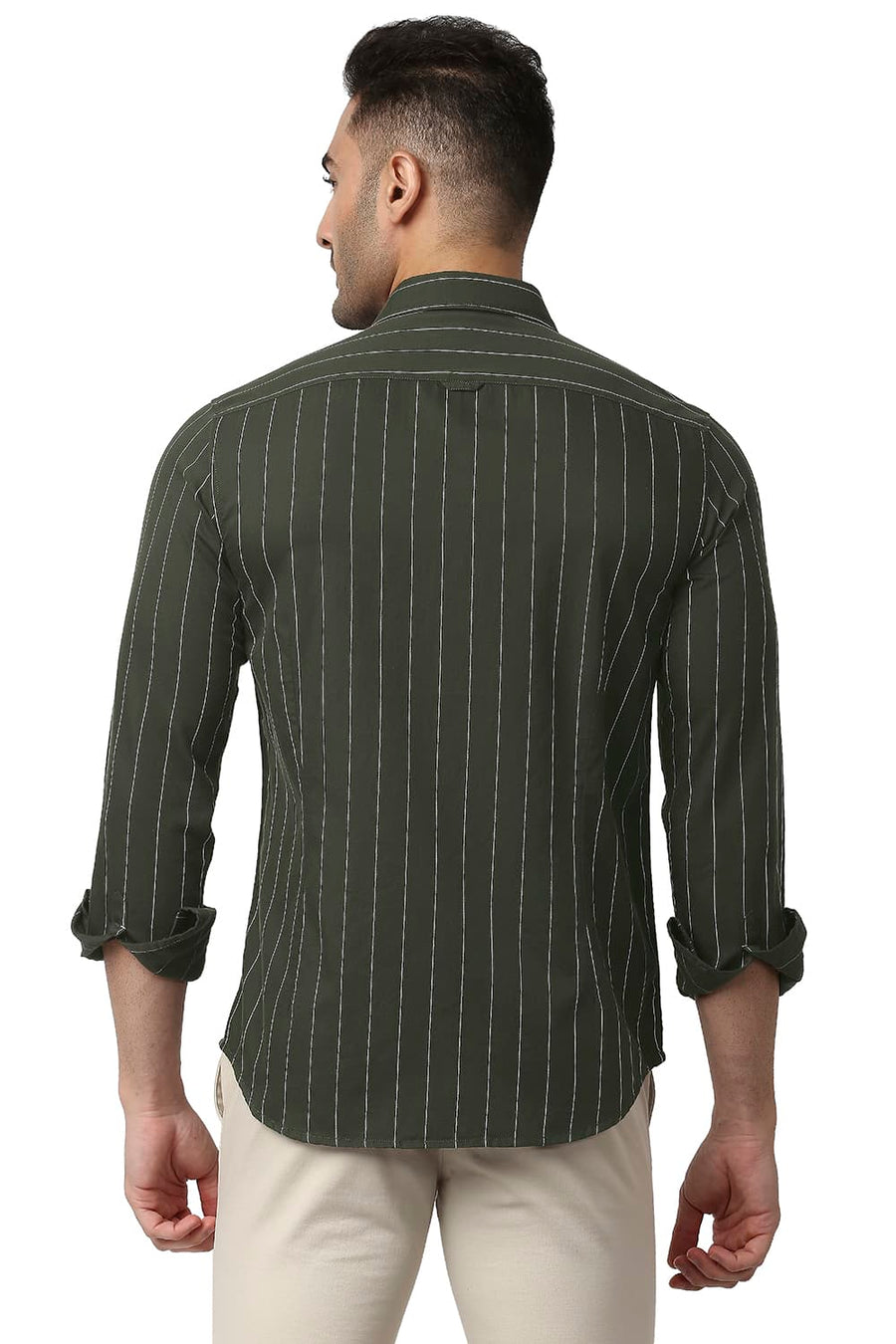 BASICS SLIM FIT OLIVE NIGHT COTTON TWILL STRIPE SHIRT