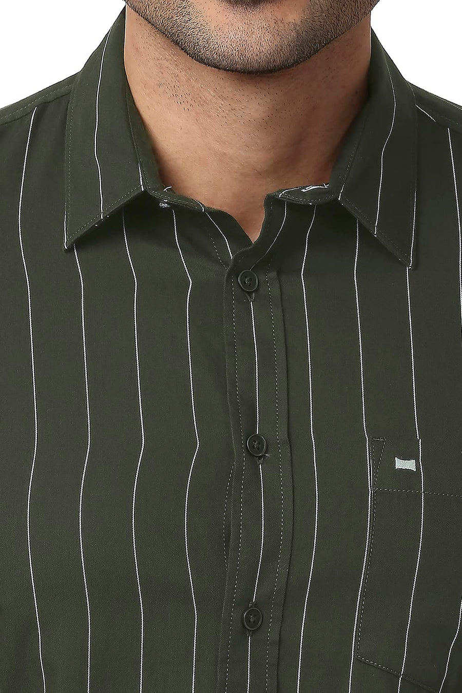 BASICS SLIM FIT OLIVE NIGHT COTTON TWILL STRIPE SHIRT