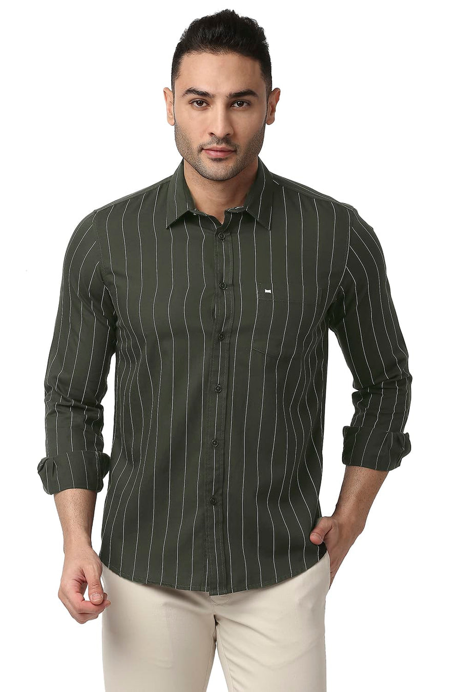 BASICS SLIM FIT OLIVE NIGHT COTTON TWILL STRIPE SHIRT