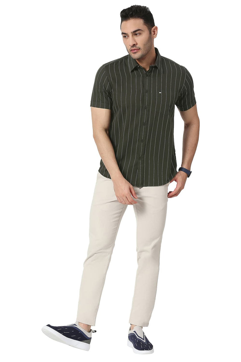 BASICS SLIM FIT COTTON TWILL STRIPE HALFSLEEVES SHIRT