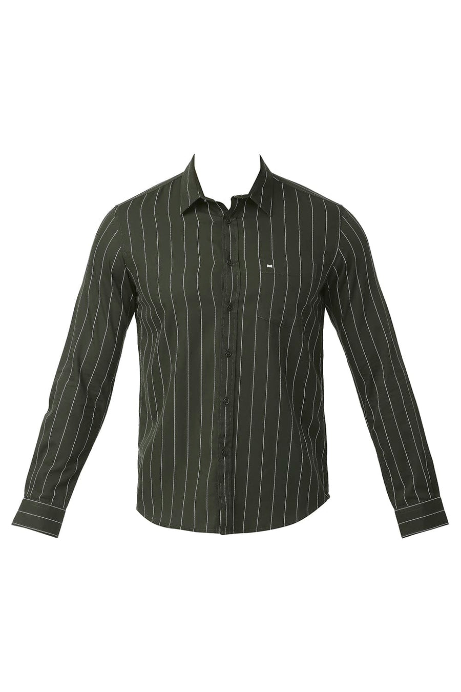 BASICS SLIM FIT OLIVE NIGHT COTTON TWILL STRIPE SHIRT
