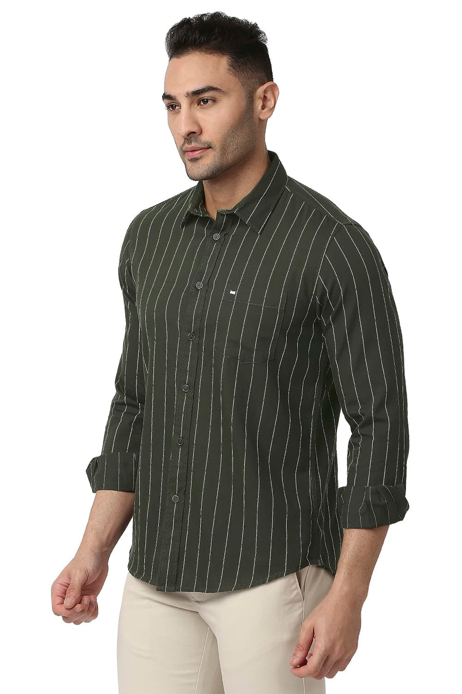 BASICS SLIM FIT OLIVE NIGHT COTTON TWILL STRIPE SHIRT