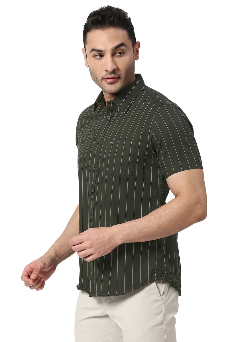 BASICS SLIM FIT COTTON TWILL STRIPE HALFSLEEVES SHIRT