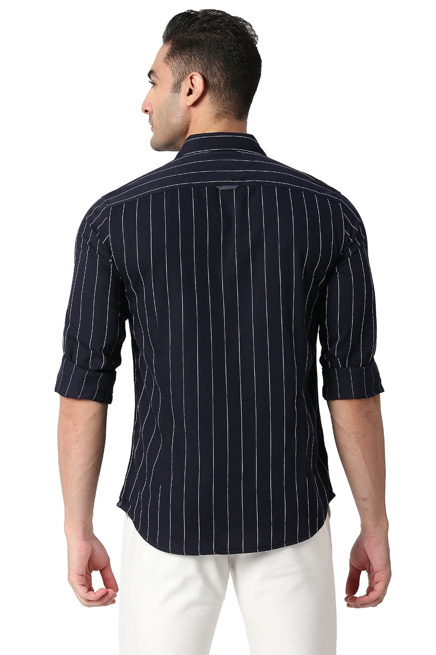 BASICS SLIM FIT GRAPHITE BLACK COTTON TWILL STRIPE SHIRT