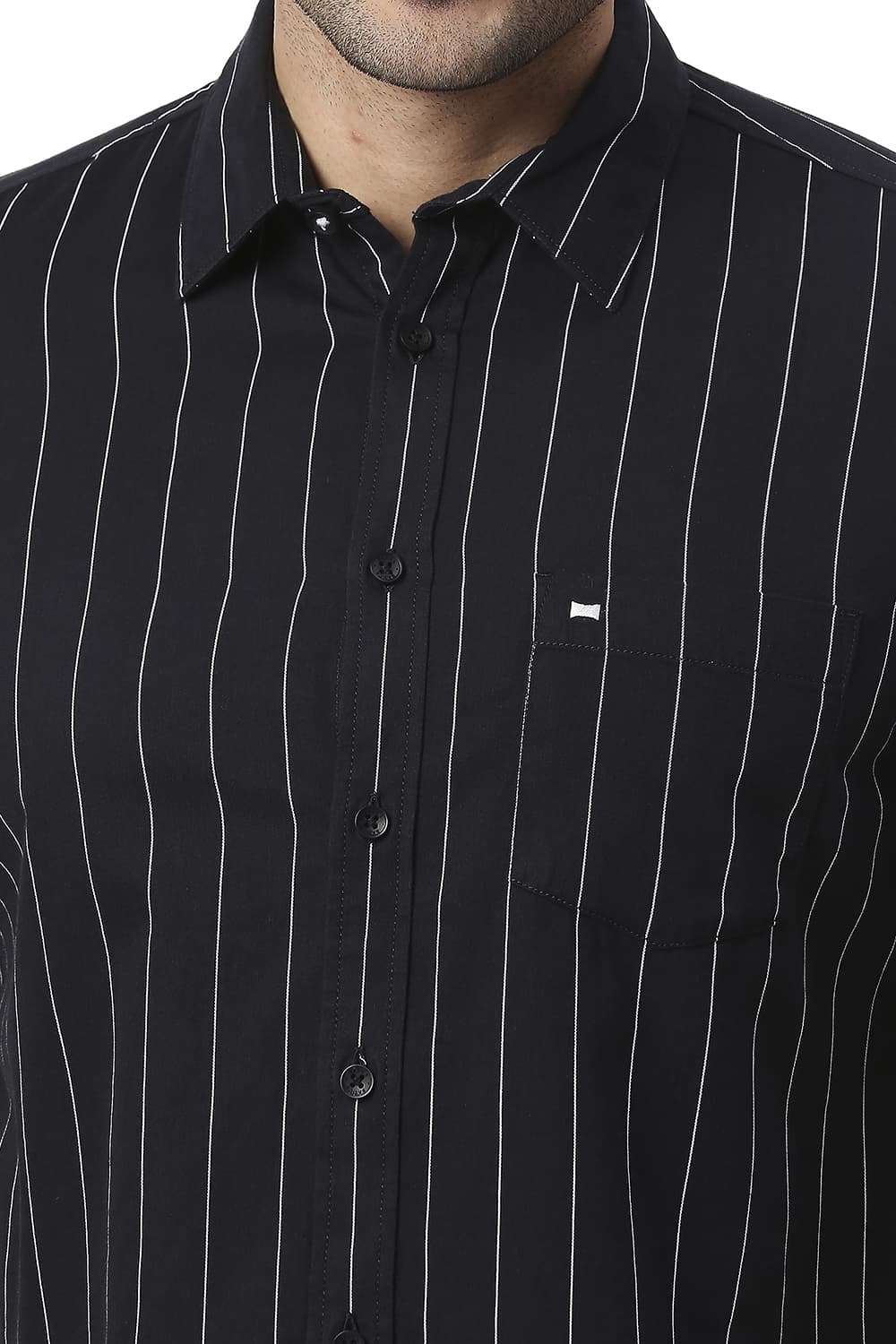 BASICS SLIM FIT COTTON TWILL STRIPE HALFSLEEVES SHIRT