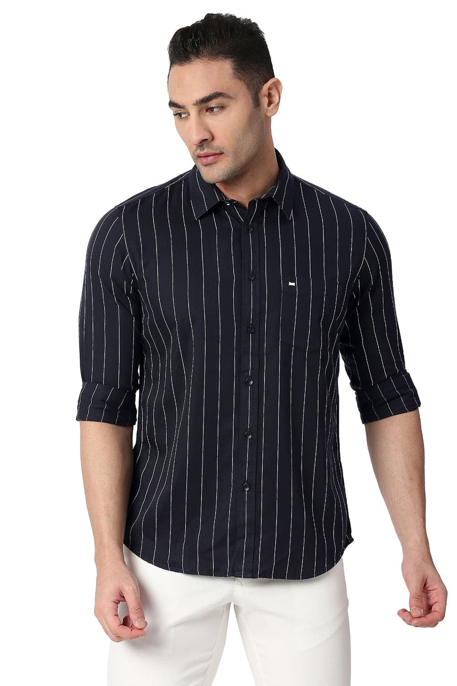 BASICS SLIM FIT GRAPHITE BLACK COTTON TWILL STRIPE SHIRT