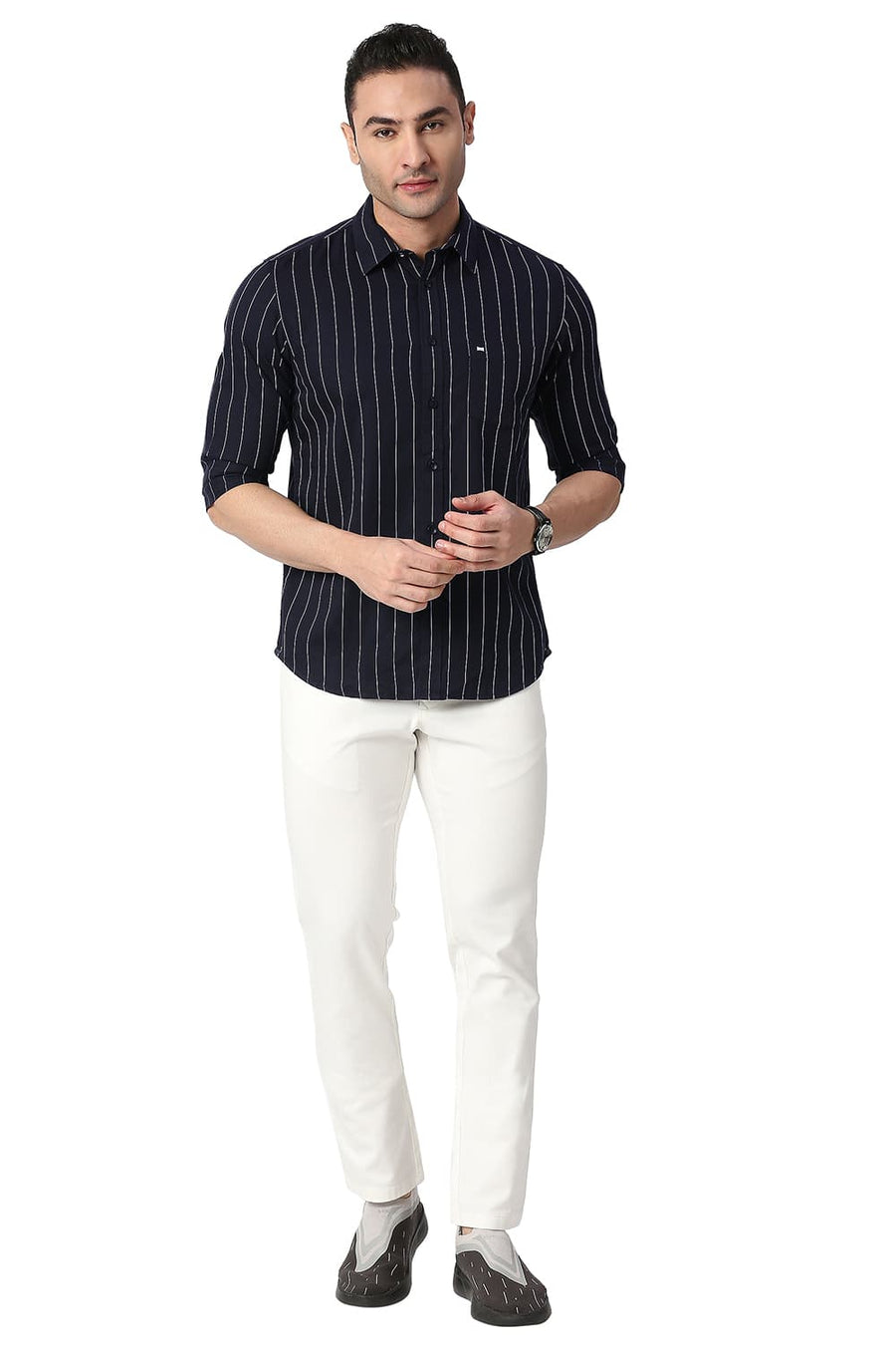 BASICS SLIM FIT GRAPHITE BLACK COTTON TWILL STRIPE SHIRT