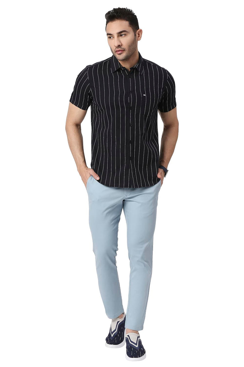 BASICS SLIM FIT COTTON TWILL STRIPE HALFSLEEVES SHIRT