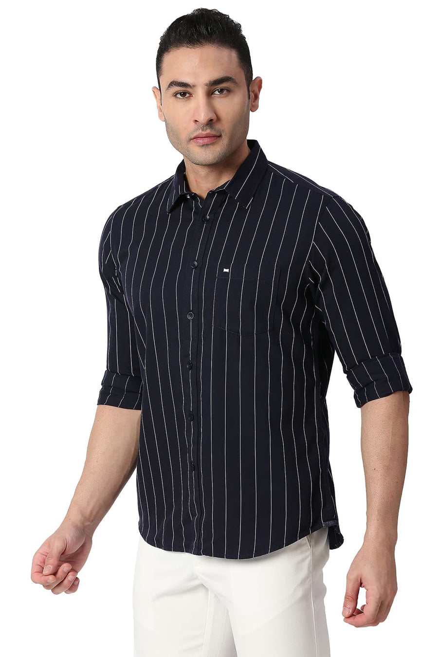 BASICS SLIM FIT GRAPHITE BLACK COTTON TWILL STRIPE SHIRT