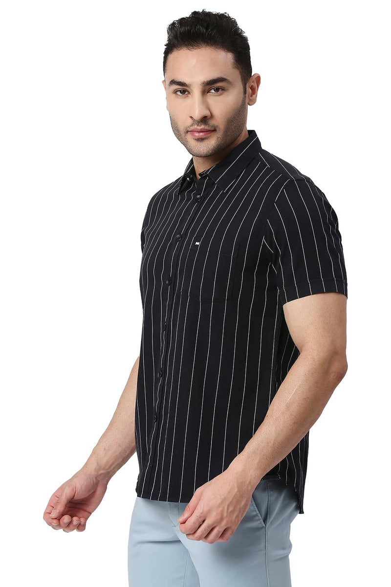 BASICS SLIM FIT COTTON TWILL STRIPE HALFSLEEVES SHIRT