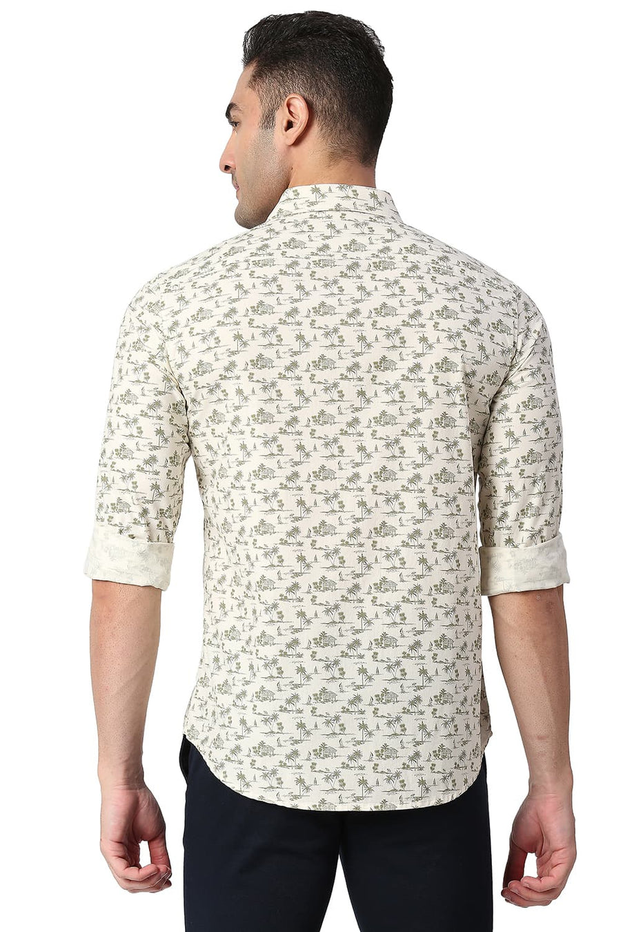 BASICS SLIM FIT HAY BEIGE COTTON POPLIN PRINTED SHIRT