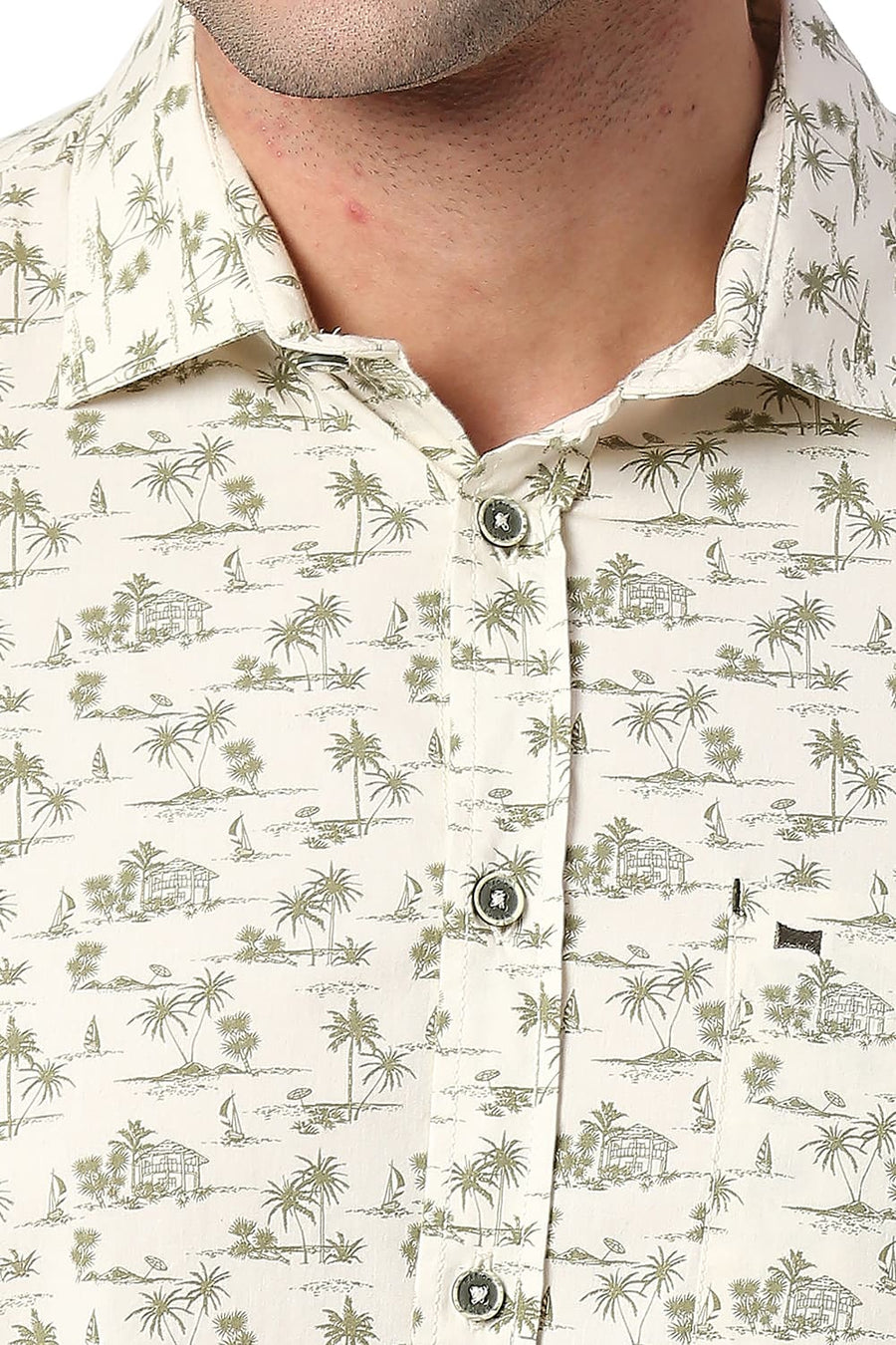BASICS SLIM FIT HAY BEIGE COTTON POPLIN PRINTED SHIRT