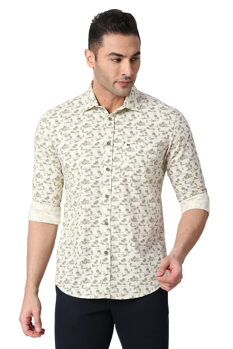 BASICS SLIM FIT HAY BEIGE COTTON POPLIN PRINTED SHIRT