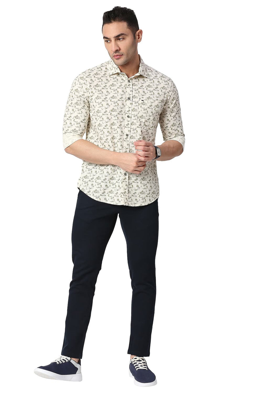 BASICS SLIM FIT HAY BEIGE COTTON POPLIN PRINTED SHIRT