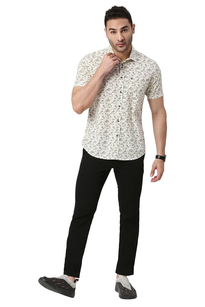 BASICS SLIM FIT COTTON POPLIN PRINTED HALFSLEEVES SHIRT