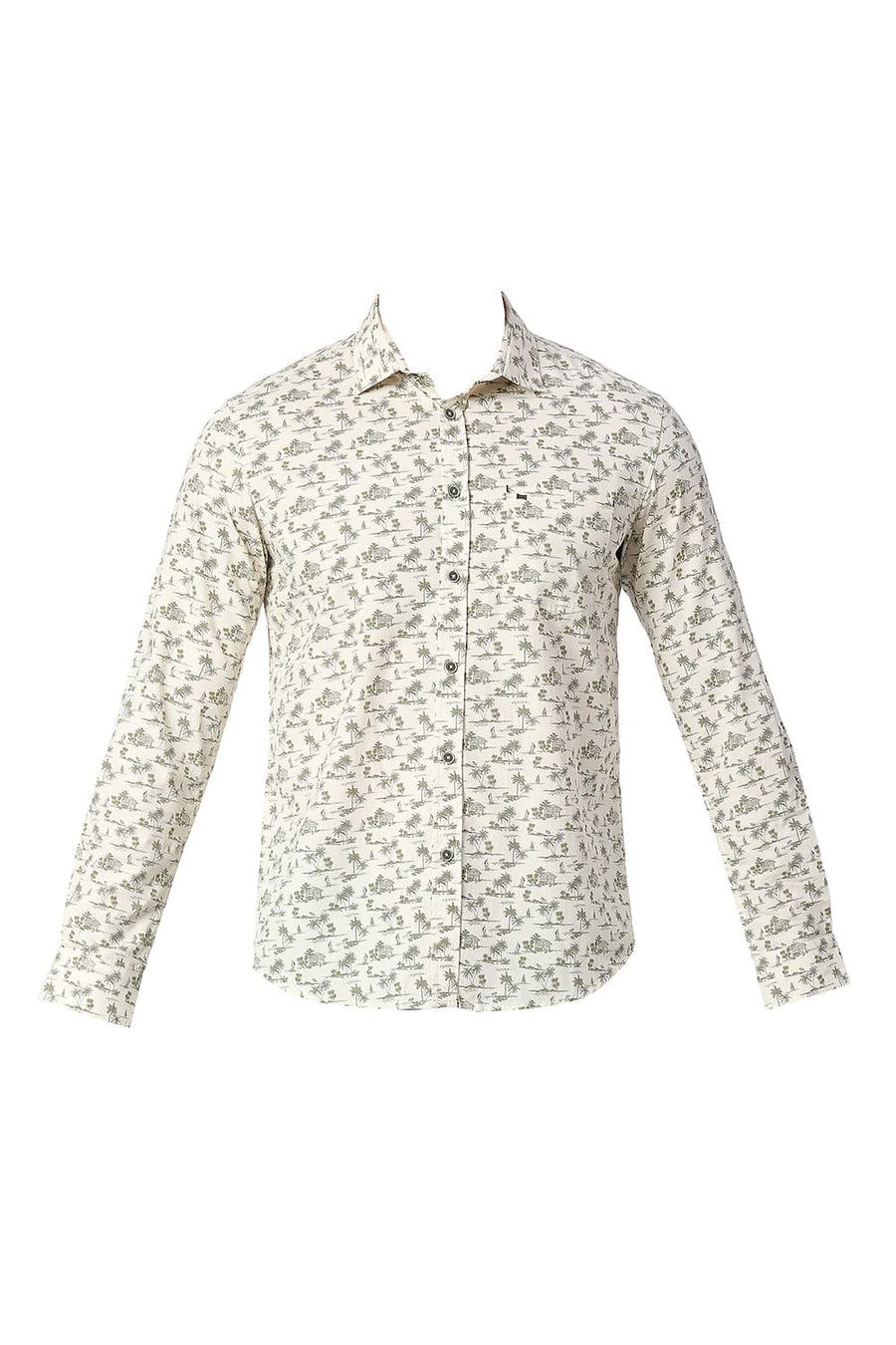 BASICS SLIM FIT HAY BEIGE COTTON POPLIN PRINTED SHIRT