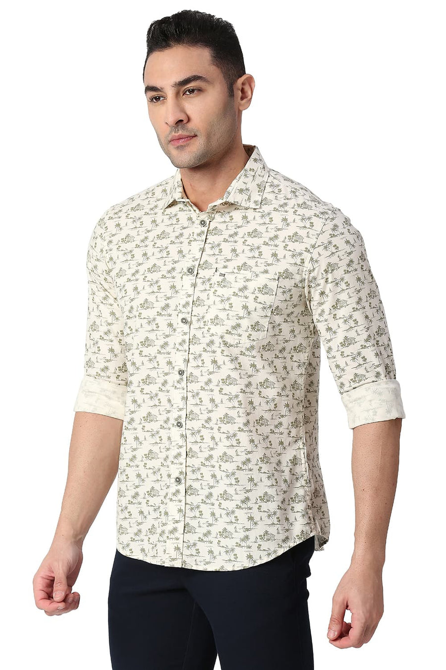BASICS SLIM FIT HAY BEIGE COTTON POPLIN PRINTED SHIRT