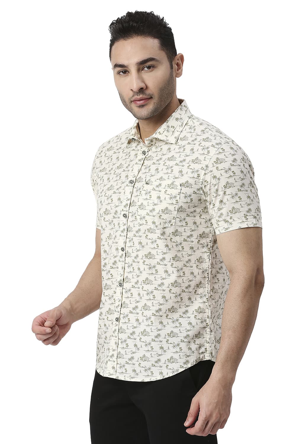 BASICS SLIM FIT COTTON POPLIN PRINTED HALFSLEEVES SHIRT