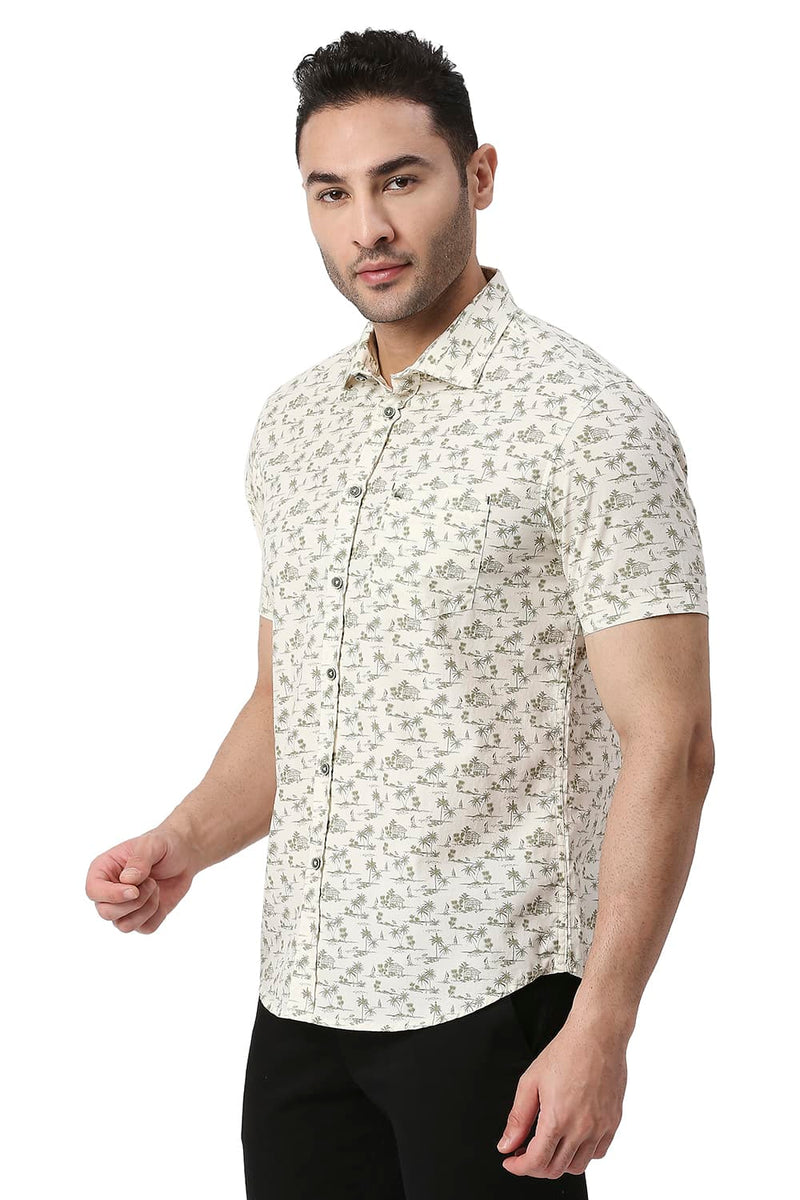 BASICS SLIM FIT COTTON POPLIN PRINTED HALFSLEEVES SHIRT