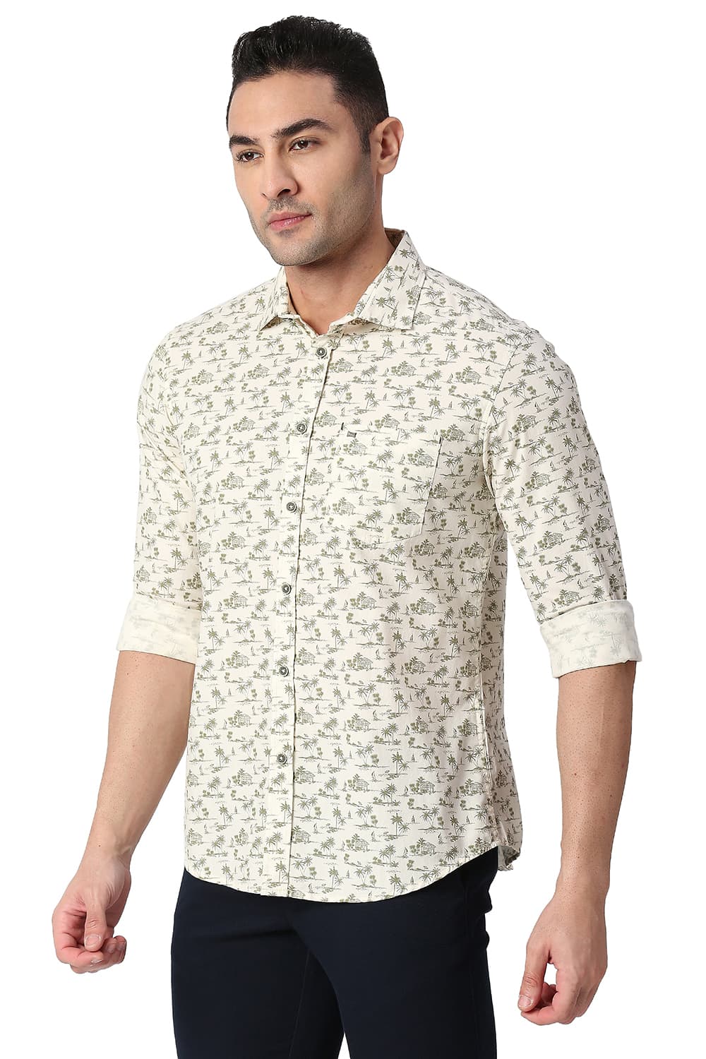 BASICS SLIM FIT COTTON POPLIN PRINTED SHIRT