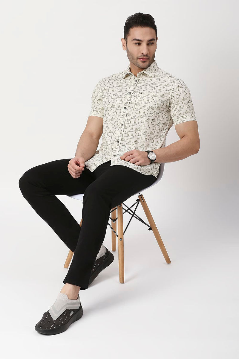 Slim Fit Cotton Poplin Printed Halfsleeves Shirt