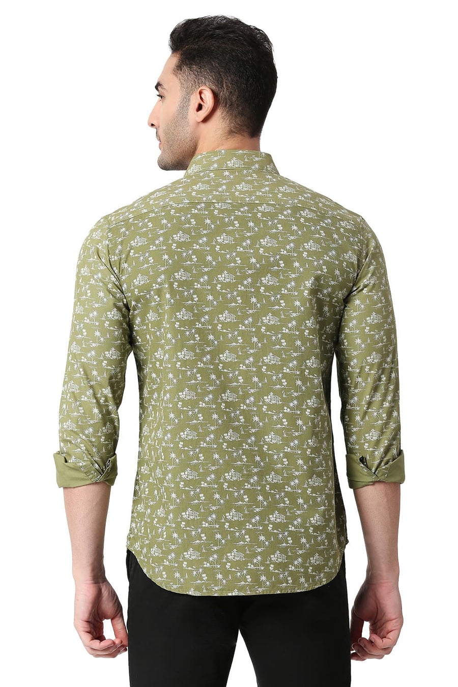 BASICS SLIM FIT CHINE GREEN COTTON POPLIN PRINTED SHIRT
