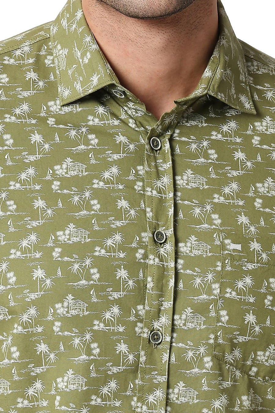 BASICS SLIM FIT CHINE GREEN COTTON POPLIN PRINTED SHIRT