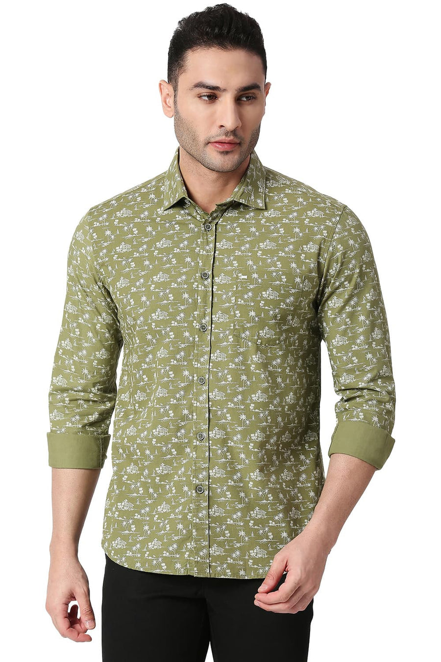 BASICS SLIM FIT CHINE GREEN COTTON POPLIN PRINTED SHIRT