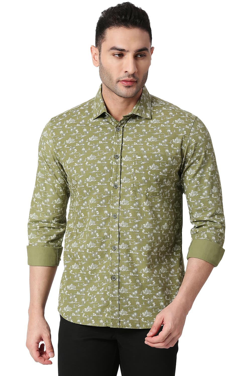 BASICS SLIM FIT COTTON POPLIN PRINTED SHIRT