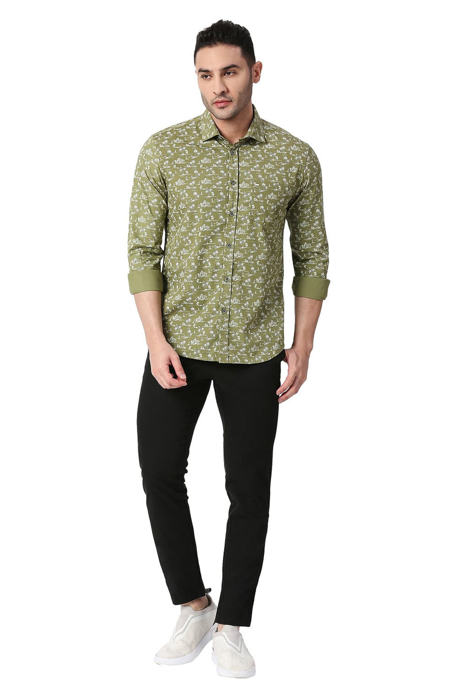 BASICS SLIM FIT CHINE GREEN COTTON POPLIN PRINTED SHIRT