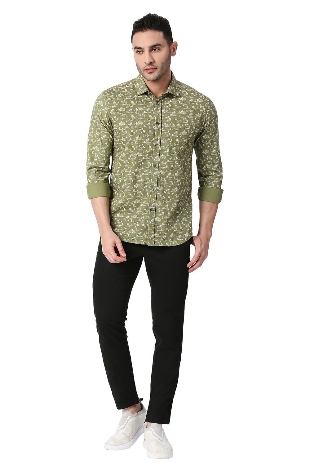 BASICS SLIM FIT COTTON POPLIN PRINTED SHIRT