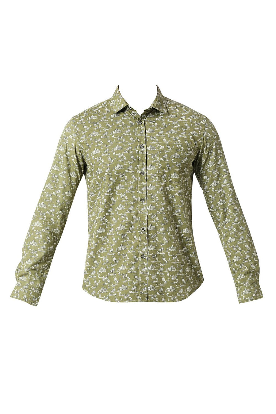 BASICS SLIM FIT CHINE GREEN COTTON POPLIN PRINTED SHIRT