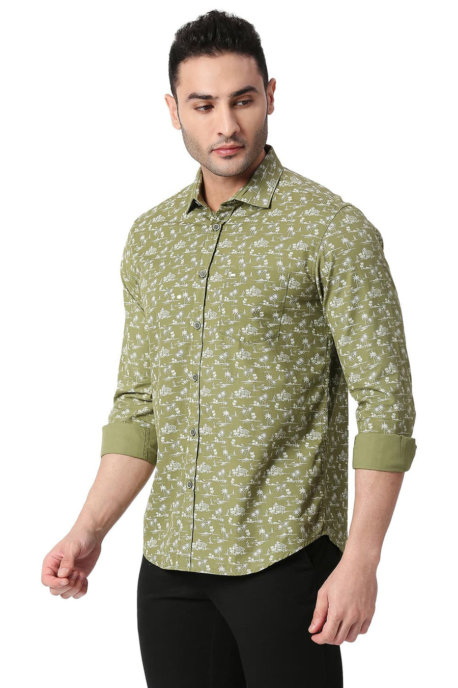 BASICS SLIM FIT CHINE GREEN COTTON POPLIN PRINTED SHIRT