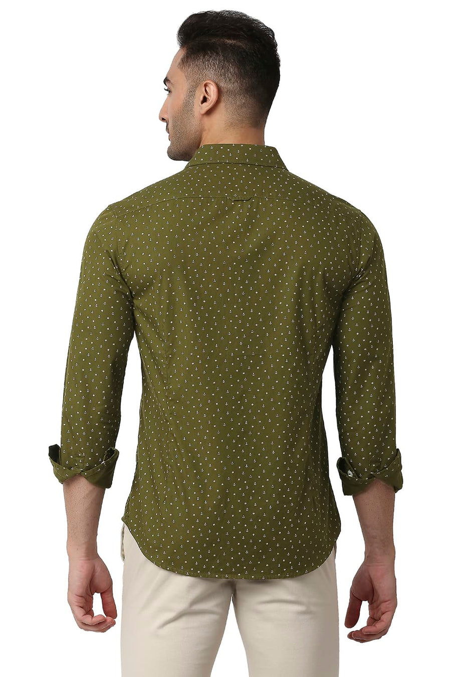 BASICS SLIM FIT BEECH OLIVE COTTON POPLIN PRINTED SHIRT