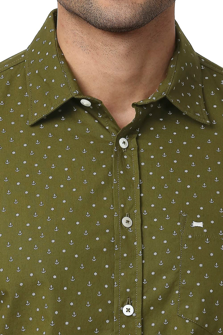 BASICS SLIM FIT BEECH OLIVE COTTON POPLIN PRINTED SHIRT