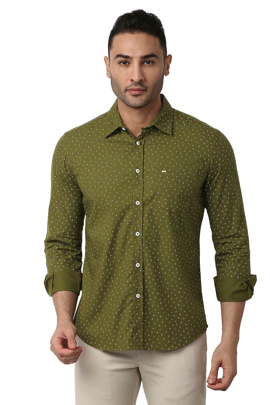 BASICS SLIM FIT BEECH OLIVE COTTON POPLIN PRINTED SHIRT