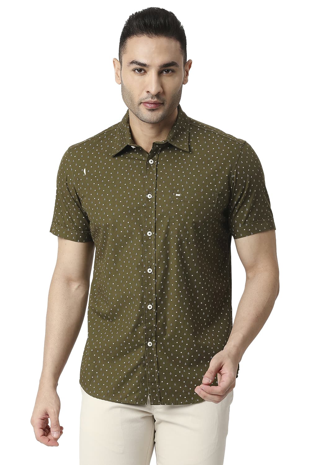 BASICS SLIM FIT COTTON POPLIN PRINTED SHIRT