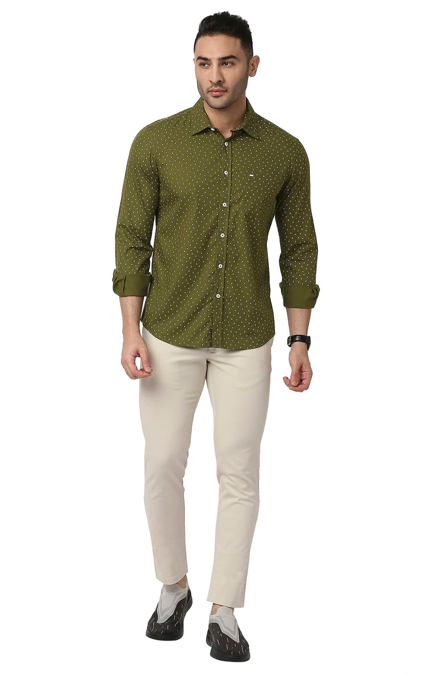 BASICS SLIM FIT BEECH OLIVE COTTON POPLIN PRINTED SHIRT