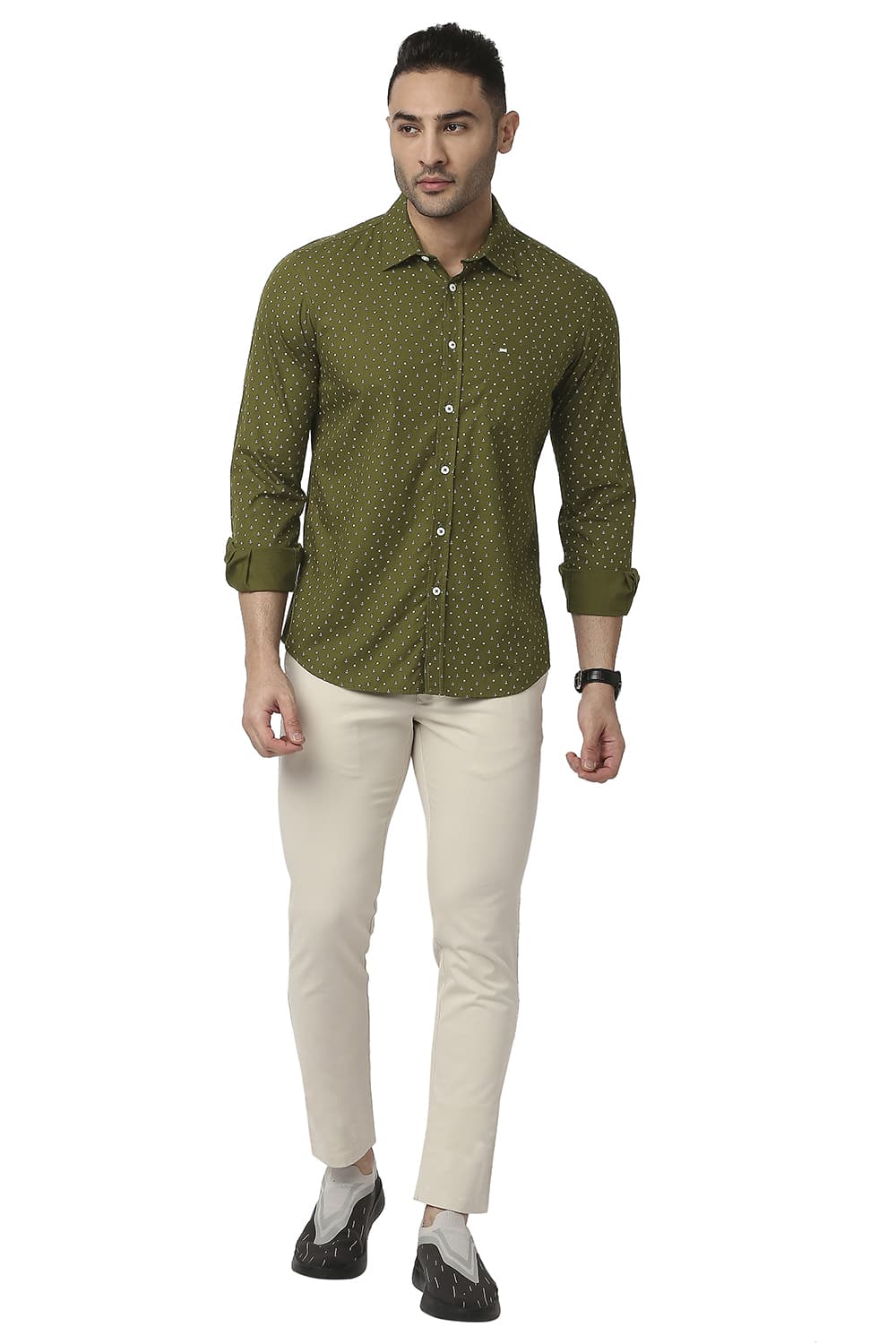 BASICS SLIM FIT COTTON POPLIN PRINTED SHIRT