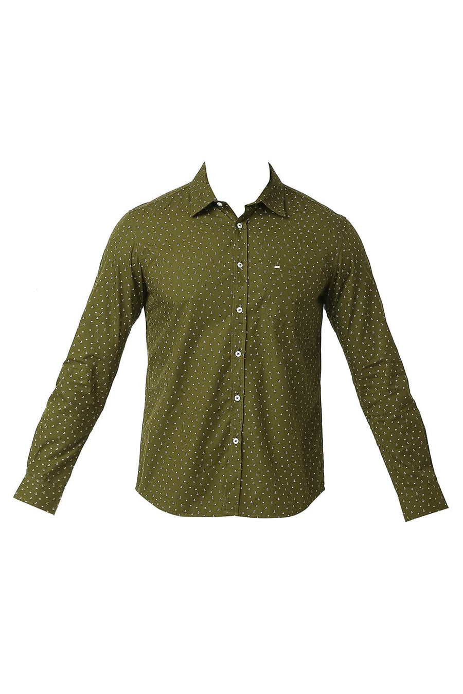 BASICS SLIM FIT BEECH OLIVE COTTON POPLIN PRINTED SHIRT