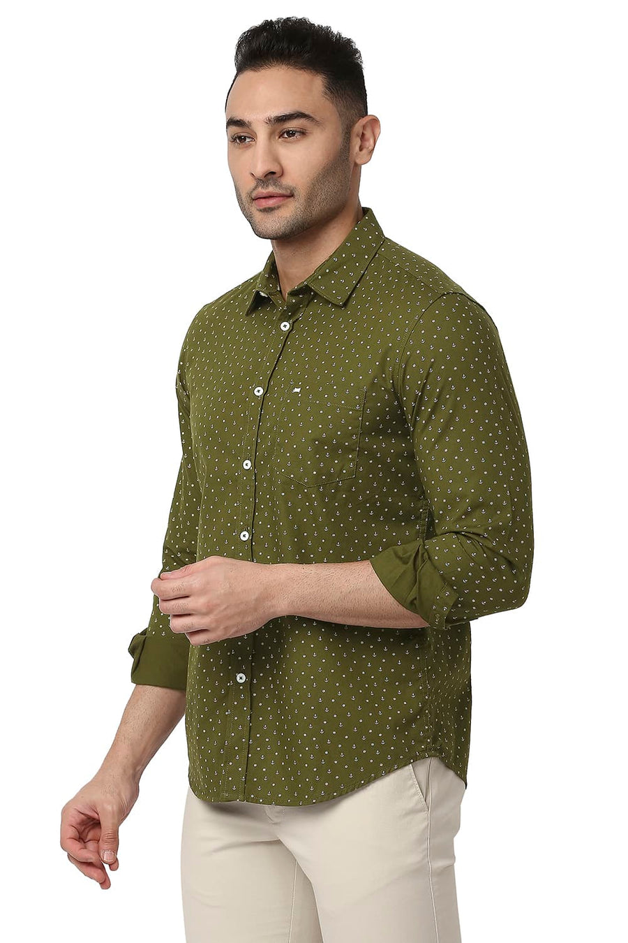 BASICS SLIM FIT BEECH OLIVE COTTON POPLIN PRINTED SHIRT