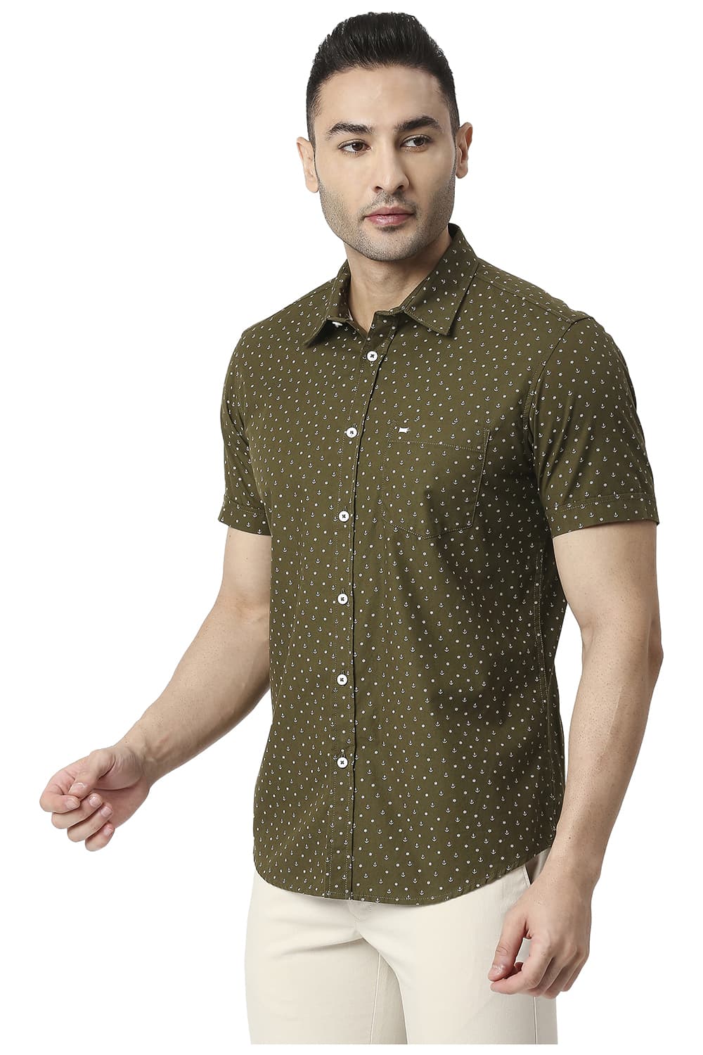 BASICS SLIM FIT COTTON POPLIN PRINTED HALFSLEEVES SHIRT