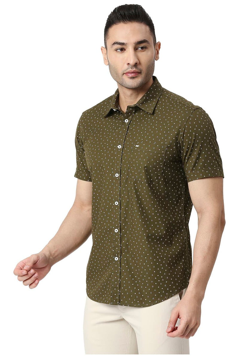 BASICS SLIM FIT COTTON POPLIN PRINTED HALFSLEEVES SHIRT