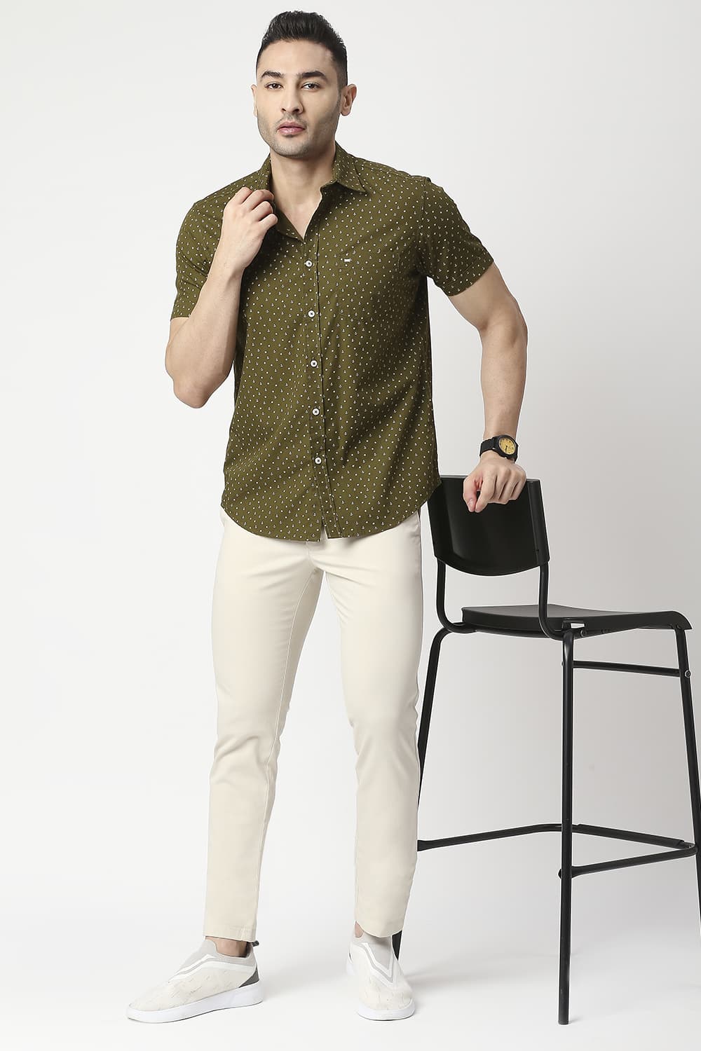 Slim Fit Cotton Poplin Printed Halfsleeves Shirt