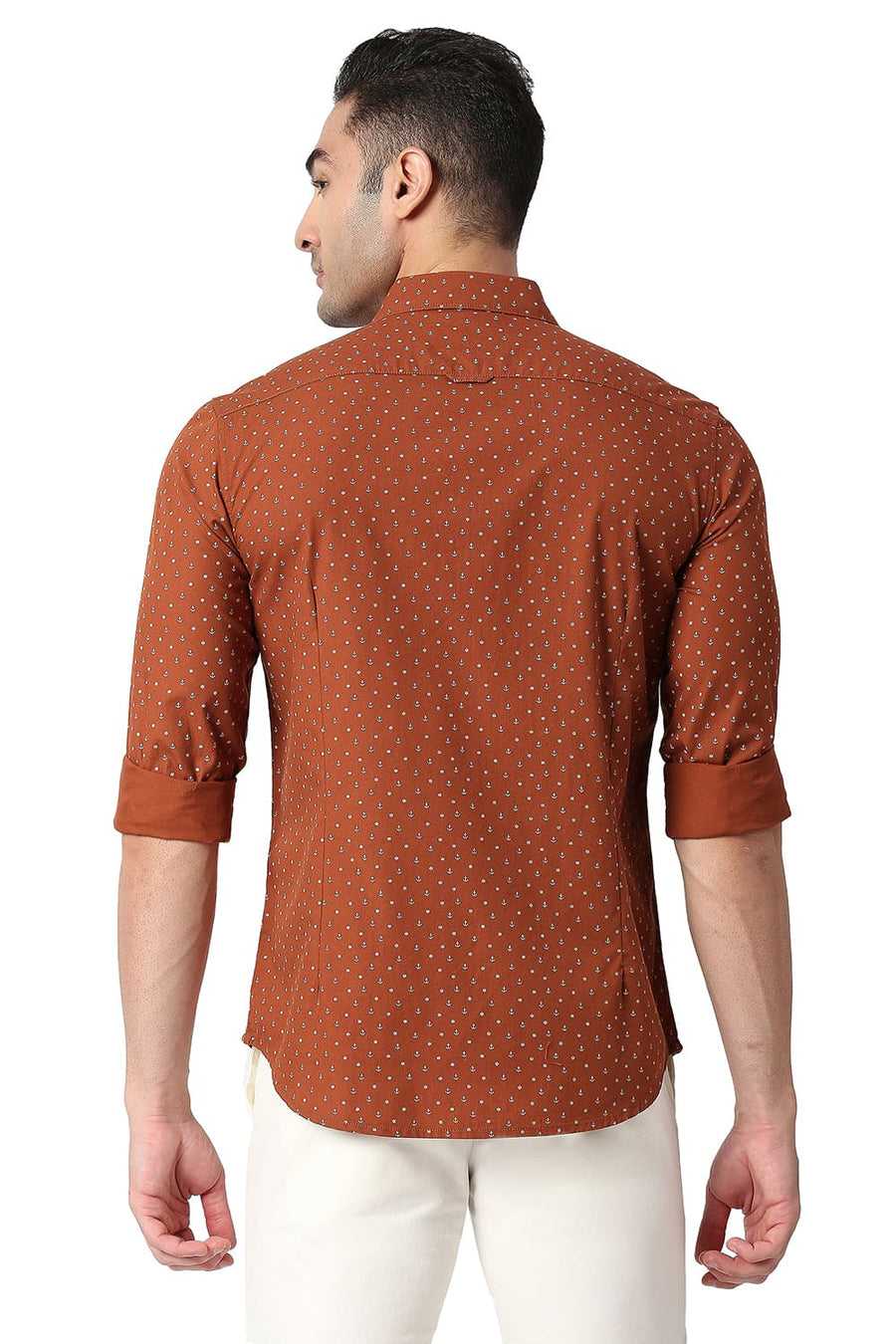 BASICS SLIM FIT BOMBAY BROWN COTTON POPLIN PRINTED SHIRT