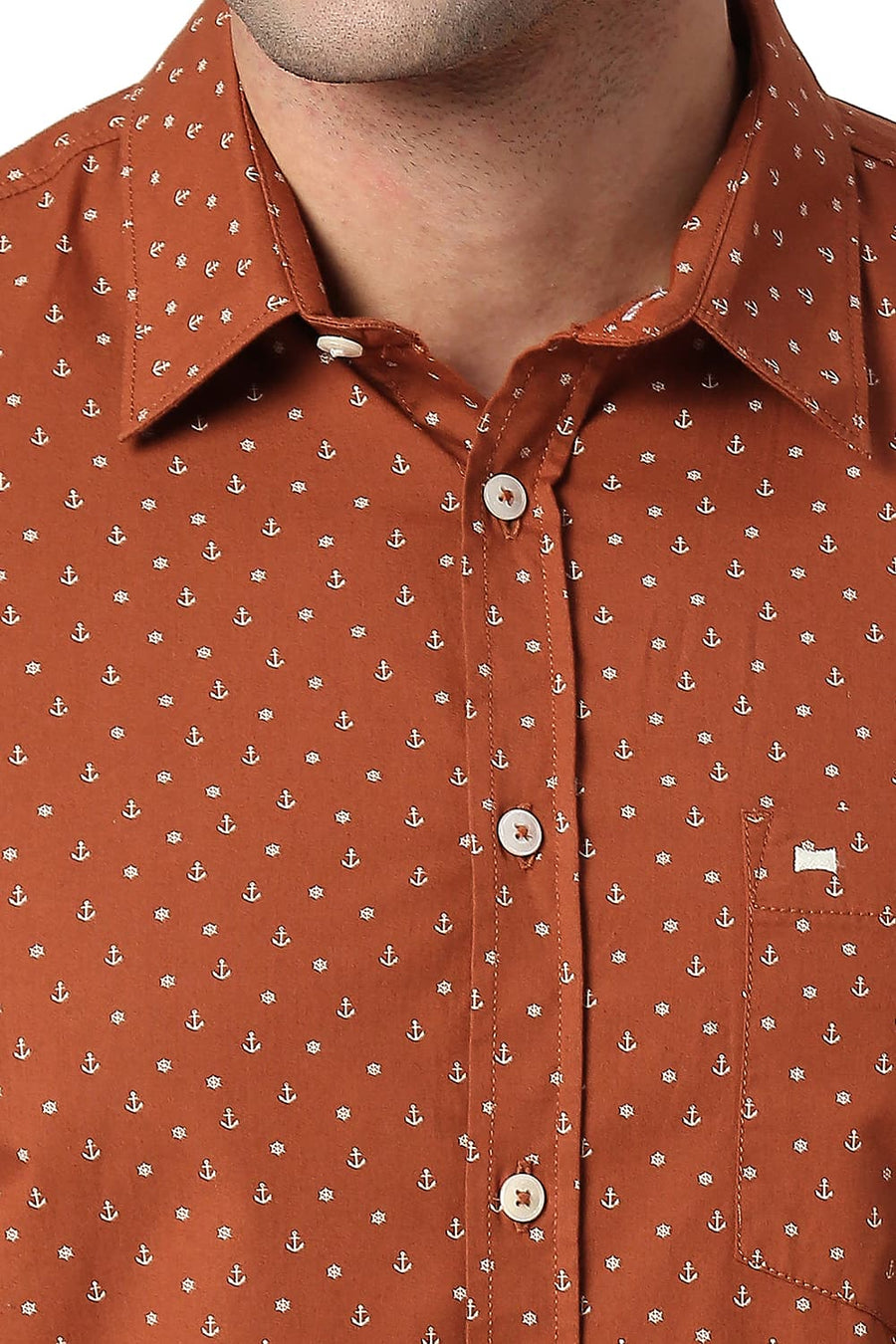 BASICS SLIM FIT BOMBAY BROWN COTTON POPLIN PRINTED SHIRT